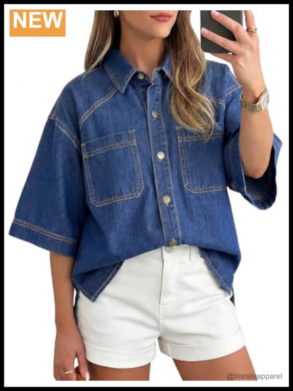 Women's Denim Shirt Short Sleeve Button Down Relaxed Fit Casual Summer Top